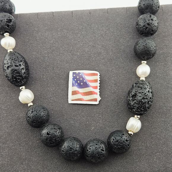 Lava Rock Style Round Beaded Necklace Black White Islander Earthy Boho Neutral - Picture 4 of 6